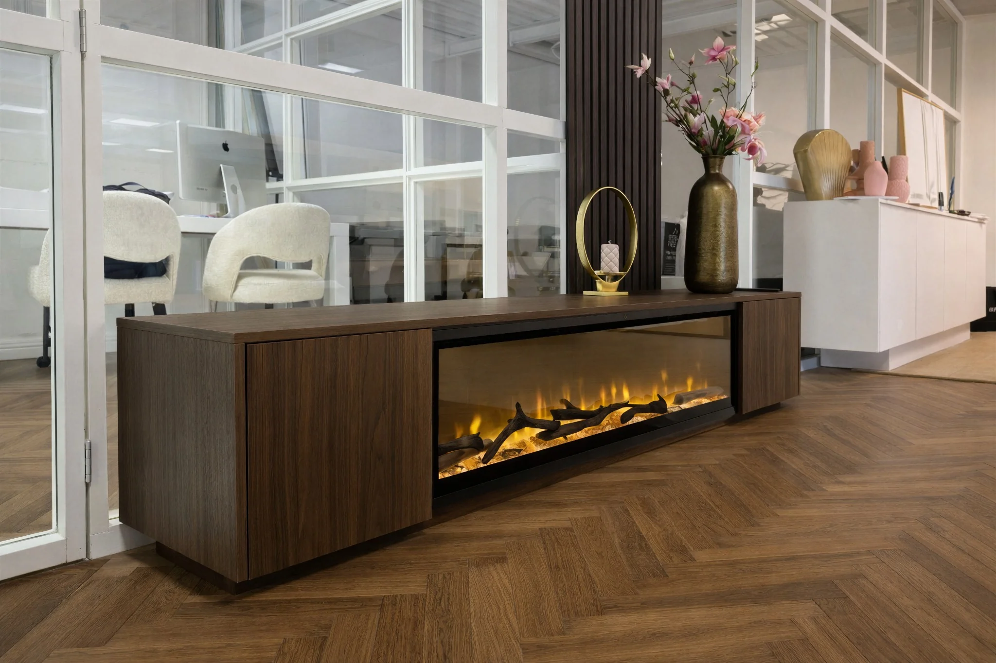 TV-meubel Murphy - Zwevend - Melamine Eiken - 2 deuren - Elektrische haard - 50 inch - Image 3